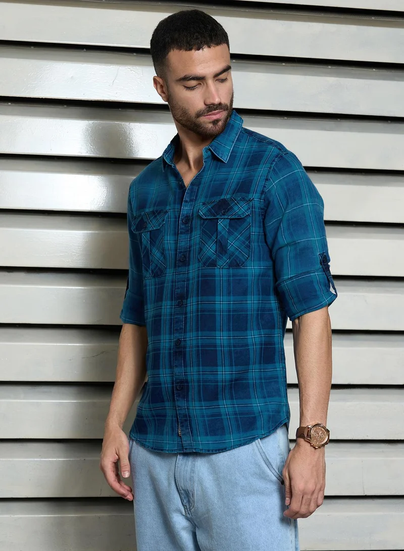 HIGH STAR Men's Multicolour 100% Cotton Checkered Button Down Regular Fit Shirt