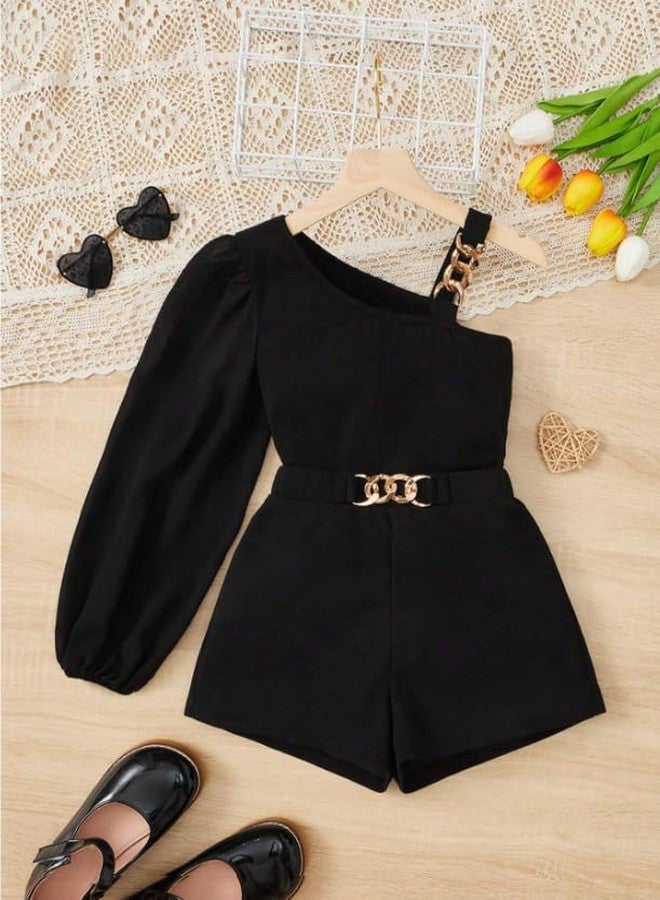 Ameeha Kids Girls Romper Summer One Shoulder Solid Color Shorts Casual Party Street Short Jumpsuit (2 Years-3 Years) - Image 2