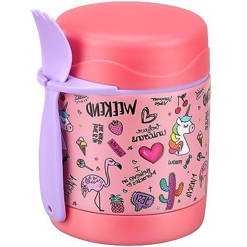 Howeemo 10oz Soup Thermo for Hot Food Kids,Lunch Thermo Kids Food Jar with Spoon Hot Insulated Food Containers,Leak Proof Stainless Steel Wide Mouth Lunch Food Thermo Jar for School(Pink-Flamingo) - Image 1