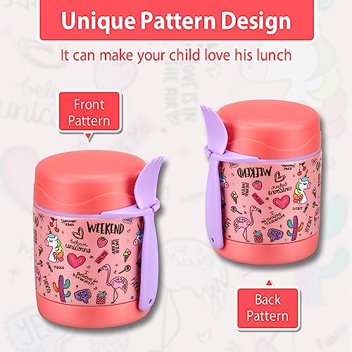 Howeemo 10oz Soup Thermo for Hot Food Kids,Lunch Thermo Kids Food Jar with Spoon Hot Insulated Food Containers,Leak Proof Stainless Steel Wide Mouth Lunch Food Thermo Jar for School(Pink-Flamingo) - Image 2