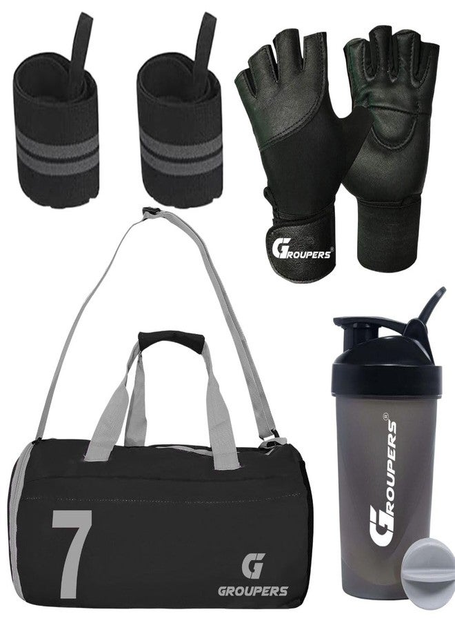 Groupers Gym Bag Combo - Black Foldable Travel Duffle (43×25×23 cm) with Shoe Pocket + 400ml Protein Shaker Bottle + Workout Gloves with Wrist Support + 21" Wrist Wraps Gym Kit for Men & Women - Image 1