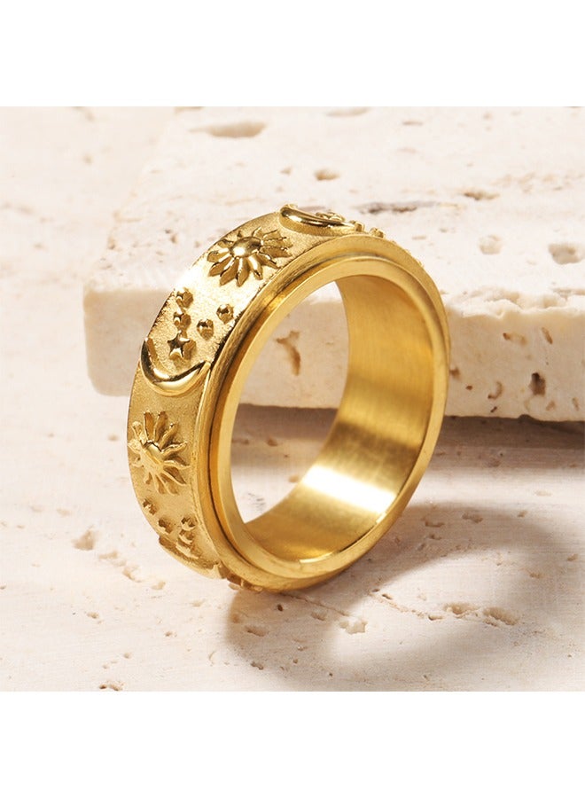 بيوند حلقة دوارة لتخفيف الشمس والقمر، خاتم تيتانيوم مطلي بالذهب عيار 14 قيراط مضاد للبهتان، خاتم ذهبي فاخر للنساء (ذهبي + أزرق) - Image 3