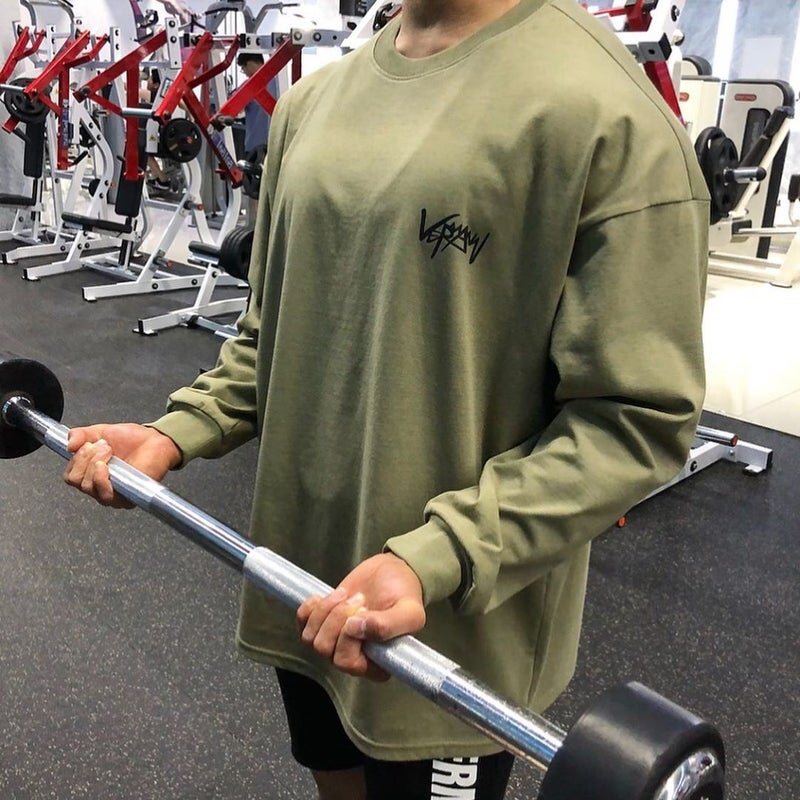 Generic Muscle fashion brand loose fitness clothes casual training sportswear long-sleeved T-shirt pullover sweater thin men Army Green 
