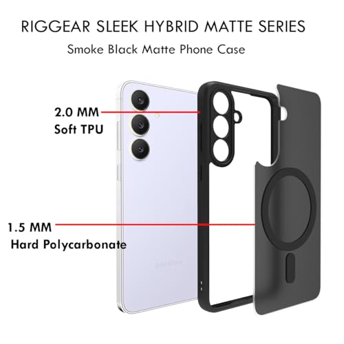 RIGGEAR Shockproof Sleek Hybrid Armor Magnetic Back Cover Case Compatible with MagSafe Accessories for Samsung Galaxy S25 FE 5G (Smoke Black Matte PC + Black TPU Bumper) - Image 4