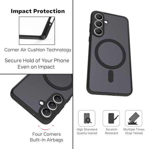 RIGGEAR Shockproof Sleek Hybrid Armor Magnetic Back Cover Case Compatible with MagSafe Accessories for Samsung Galaxy S25 FE 5G (Smoke Black Matte PC + Black TPU Bumper) - Image 3