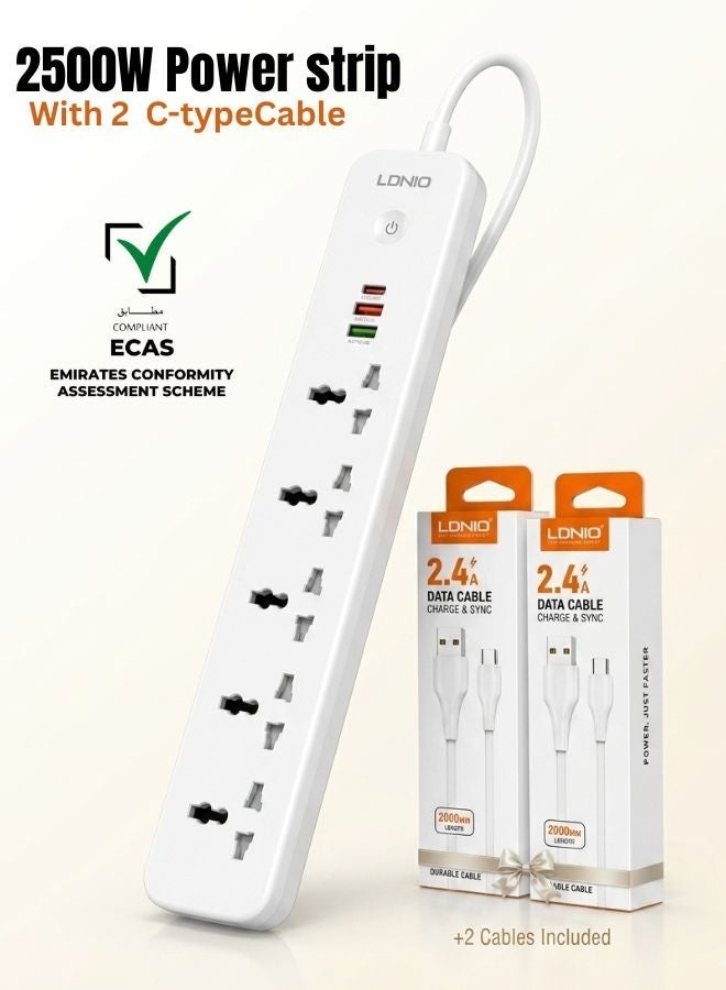 لدنيو مجموعة LDNIO SC5319 3 في 1: شريط طاقة بـ 5 منافذ عالمية، 3 منافذ USB، وكابلي شحن USB-A إلى USB-C بطول 2 متر - Image 1