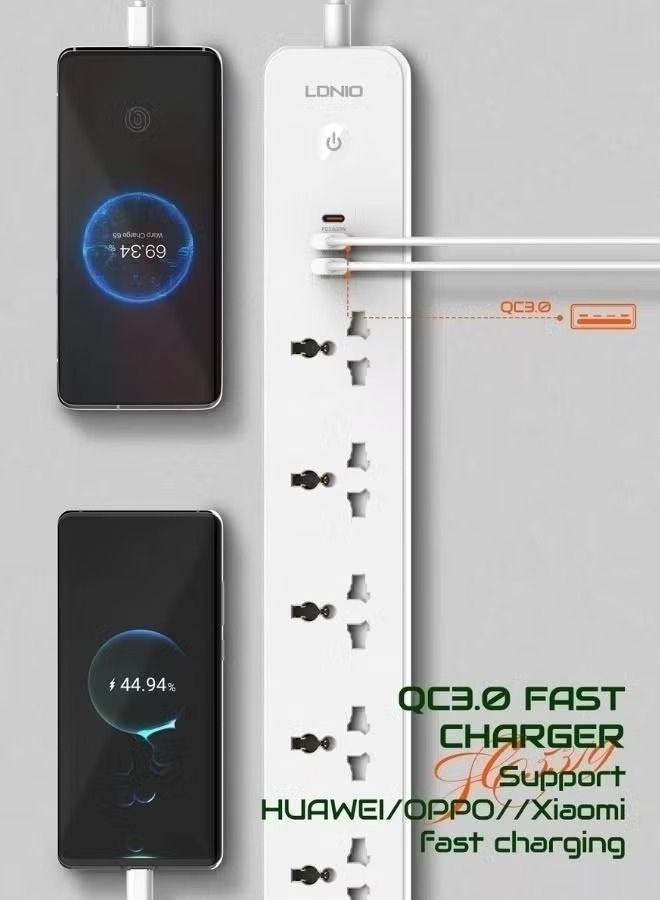 لدنيو مجموعة LDNIO SC5319 3 في 1: شريط طاقة بـ 5 منافذ عالمية، 3 منافذ USB، وكابلي شحن USB-A إلى USB-C بطول 2 متر - Image 4