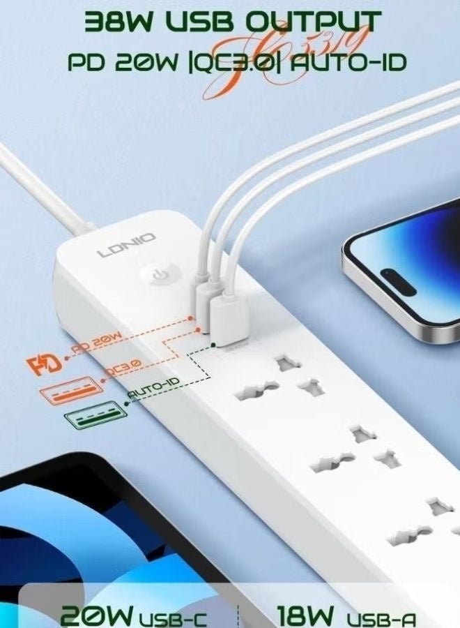 لدنيو مجموعة LDNIO SC5319 3 في 1: شريط طاقة بـ 5 منافذ عالمية، 3 منافذ USB، وكابلي شحن USB-A إلى USB-C بطول 2 متر - Image 3