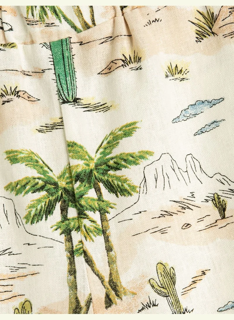 KOTON Linen Shorts Pockets Elastic Waistband Cactus Printed