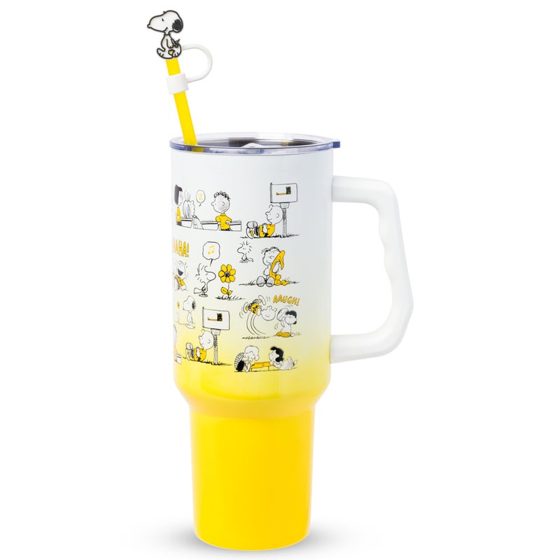 Silver Buffalo Peanuts Featuring Charlie Brown Snoopy Woodstock Lucy Sally Linus and More Stainless Steel Tumbler with Handle and Straw Fits in Standard Cup Holder 40 Ounces