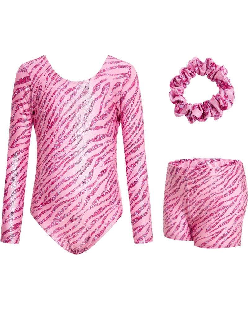JiAmy Leotards for Girls Gymnastics, Long Sleeve Sparkly Dance Biketards with Shorts Ballet Tumbling Outfit for 6-7 Years Pink Zebra - Image 1