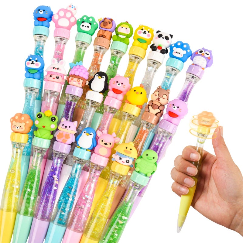 LiYiQ 24 PCS Fidget Spinner Pens Cute Fun Pens Kawaii Panda, Capybara, Penguin, Frog and Puppy Shape Cool Ballpoint Pens for Office Home Present - Image 1