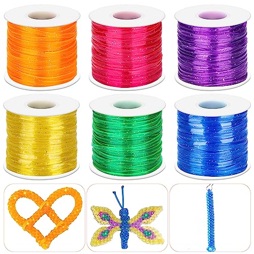Cridoz 6 Pack Lanyard String Kit, Plastic Lacing Cord Gimp String Lanyard Weaving Kit for Boondoggle, Bracelets, Keychains, Crafts (Glitter) - Image 1