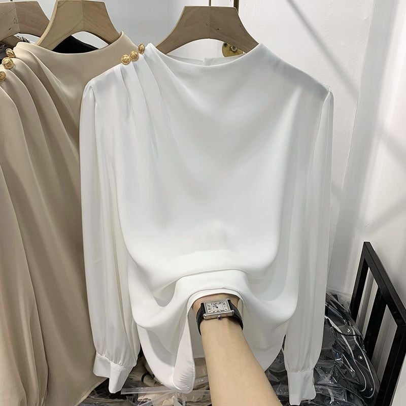2025 ربيع جديد تصميم السلع الأوروبية إحساس المزاج لون صلب كتف مزين سترة شيفون بأكمام طويلة قميص نسائي رقيق - Image 3