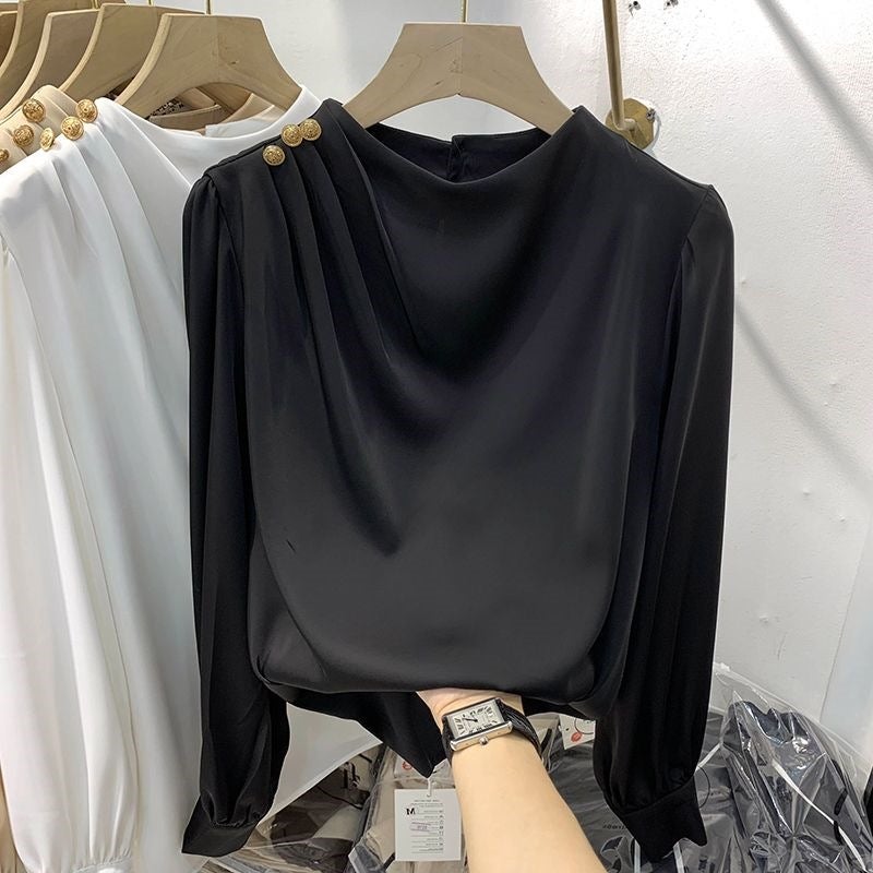 2025 ربيع جديد تصميم السلع الأوروبية إحساس المزاج لون صلب كتف مزين سترة شيفون بأكمام طويلة قميص نسائي رقيق - Image 4