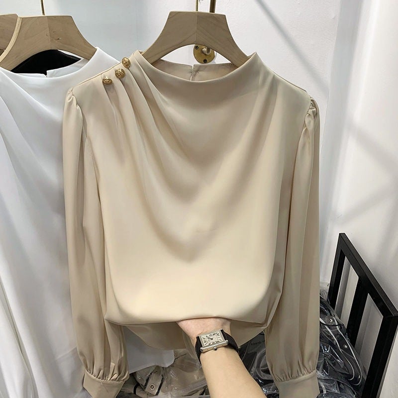 2025 ربيع جديد تصميم السلع الأوروبية إحساس المزاج لون صلب كتف مزين سترة شيفون بأكمام طويلة قميص نسائي رقيق - Image 2
