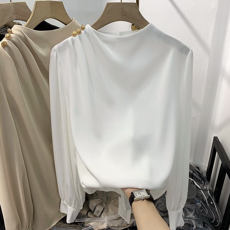2025 ربيع جديد تصميم السلع الأوروبية إحساس المزاج لون صلب كتف مزين سترة شيفون بأكمام طويلة قميص نسائي رقيق - Image 5