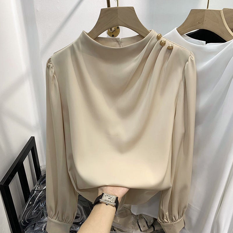 2025 ربيع جديد تصميم السلع الأوروبية إحساس المزاج لون صلب كتف مزين سترة شيفون بأكمام طويلة قميص نسائي رقيق - Image 1