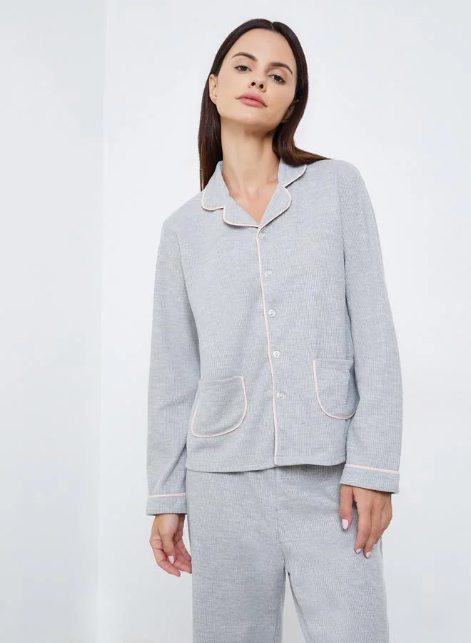 Styli Rib Button Placket Shirt and Pyjama Set
