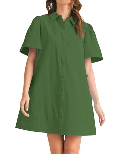 Meyhad Womens Short Sleeve Button Down Mini Shirt Dress Lapel Collar Short Dresses with Pocket(0942-DarkGreen-S) - Image 1