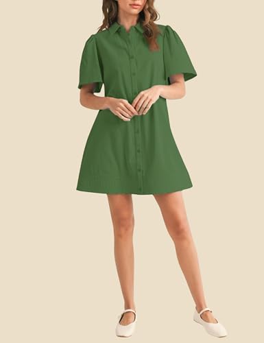 Meyhad Womens Short Sleeve Button Down Mini Shirt Dress Lapel Collar Short Dresses with Pocket(0942-DarkGreen-S) - Image 5