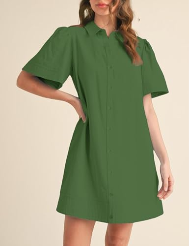 Meyhad Womens Short Sleeve Button Down Mini Shirt Dress Lapel Collar Short Dresses with Pocket(0942-DarkGreen-S) - Image 2