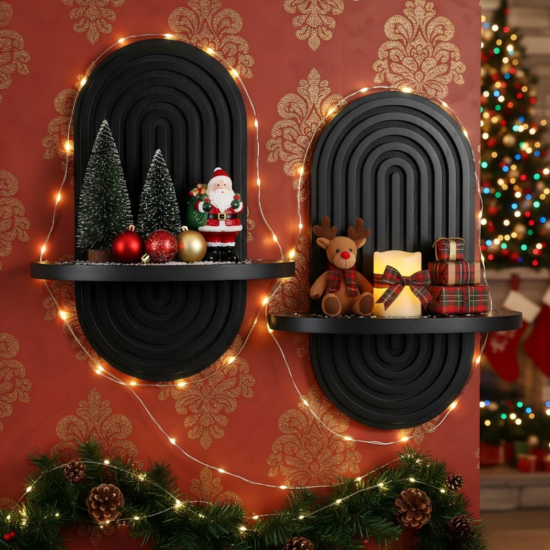 Heiple Set of 2 Boho Arched Floating Shelves 15.7â€x 7.8â€3D Wooden Hanging Shelf for Living Room Bedroom Nursery Mid Century Modern Wall Decor(Black, 11.7 * 15.7) - Image 3