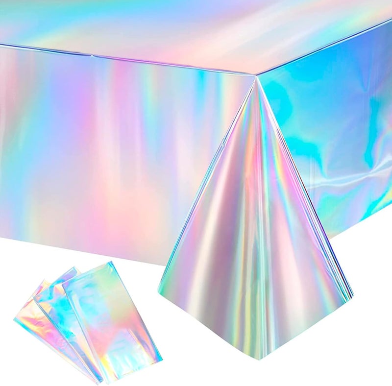 YASUOA Iridescence Tablecloths Shiny Metallic Disposable Rectangle Holographic Foil Table Covers for Birthday Wedding Engagement Disco Mermaid Hen Christmas Party Decorations Laser Color 3Pcs 54x108In - Image 1