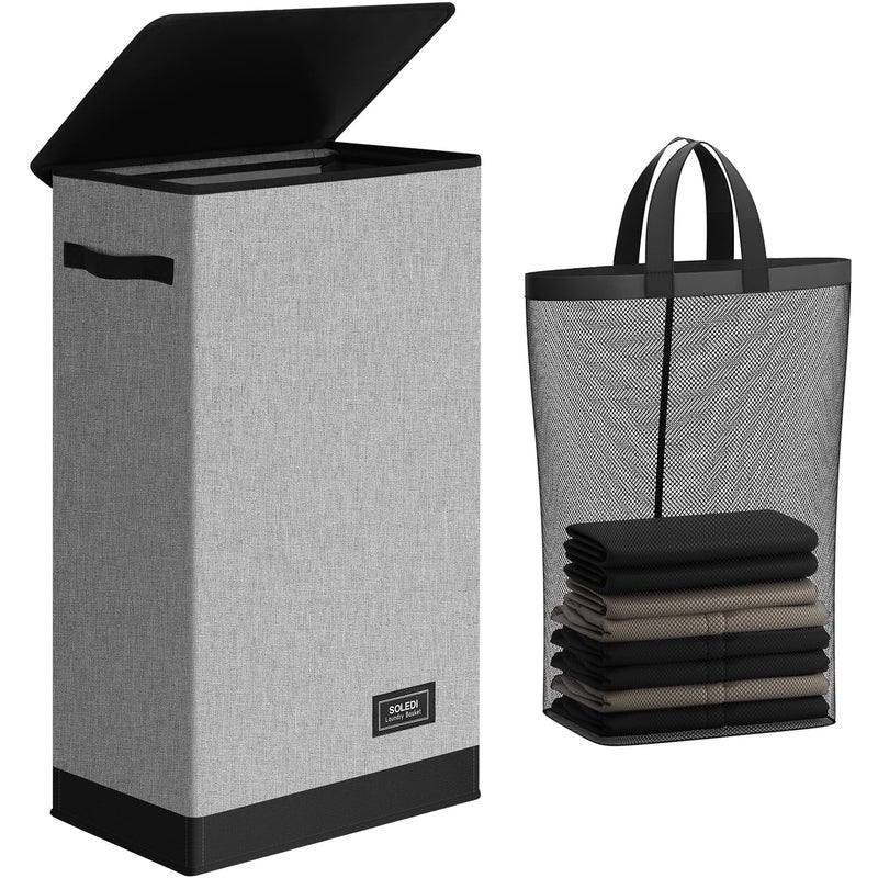 SOLEDI Slim Laundry Hamper with Lid, Narrow Laundry Basket with Removable Bags, Dirty Clothes Hamper with handle, Small Hamper perfect for Laundry room, Bathroom, Bedroom, Small spaces. 70L Grey - Image 1