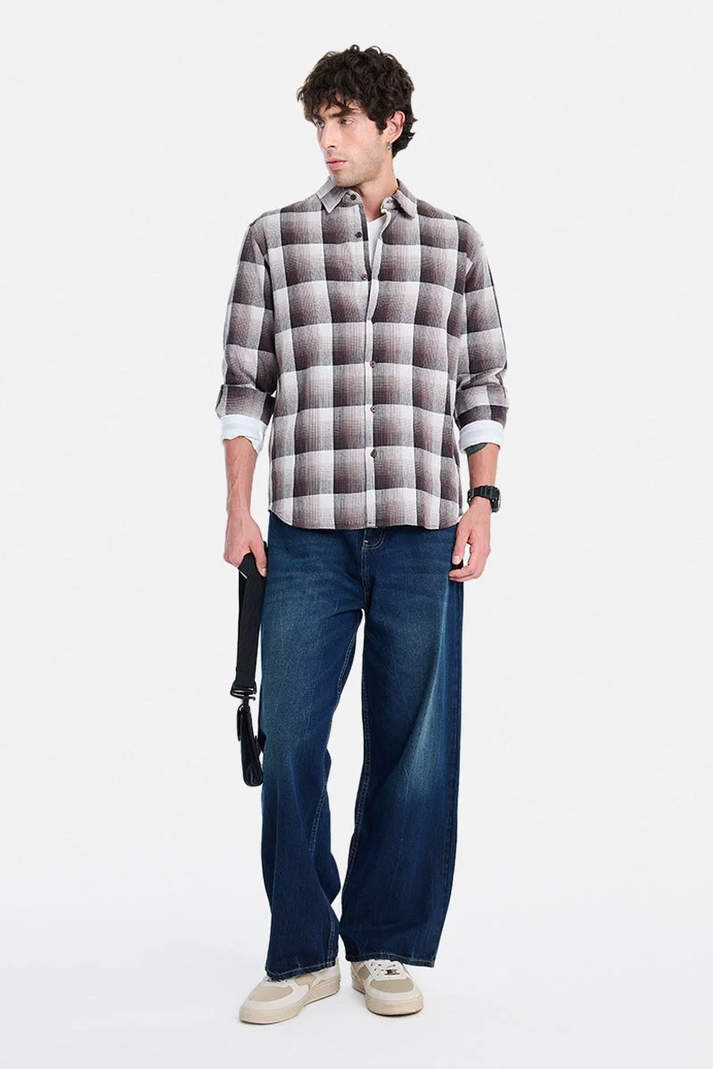 سنيتش Brown Checkered Long Sleeve Regular Fit Casual Shirt