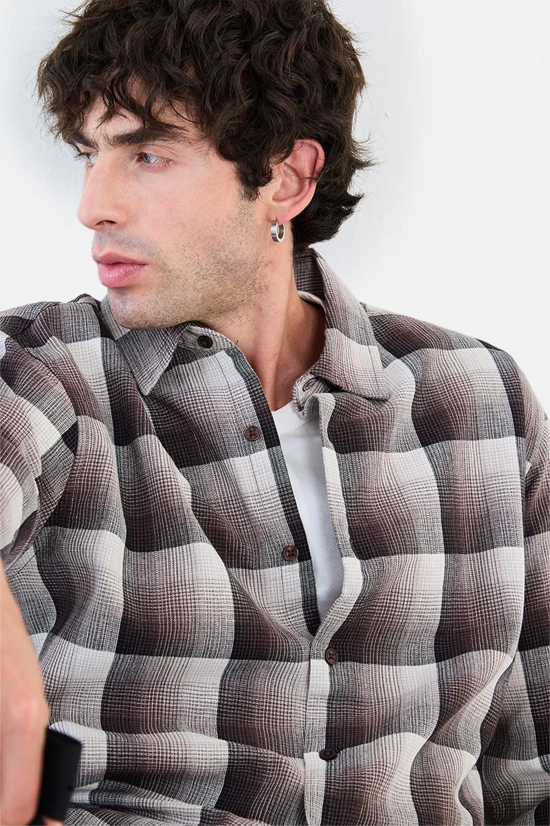 سنيتش Brown Checkered Long Sleeve Regular Fit Casual Shirt