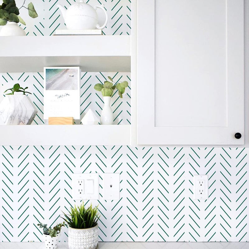 Erfoni Green and White Peel and Stick Wallpaper Herringbone Contact Paper for Bathroom 17.7inch x 118.1inch Modern Geometric Removable Wallpaper Peel and Stick Line Self Adhesive Contact Paper - Image 4