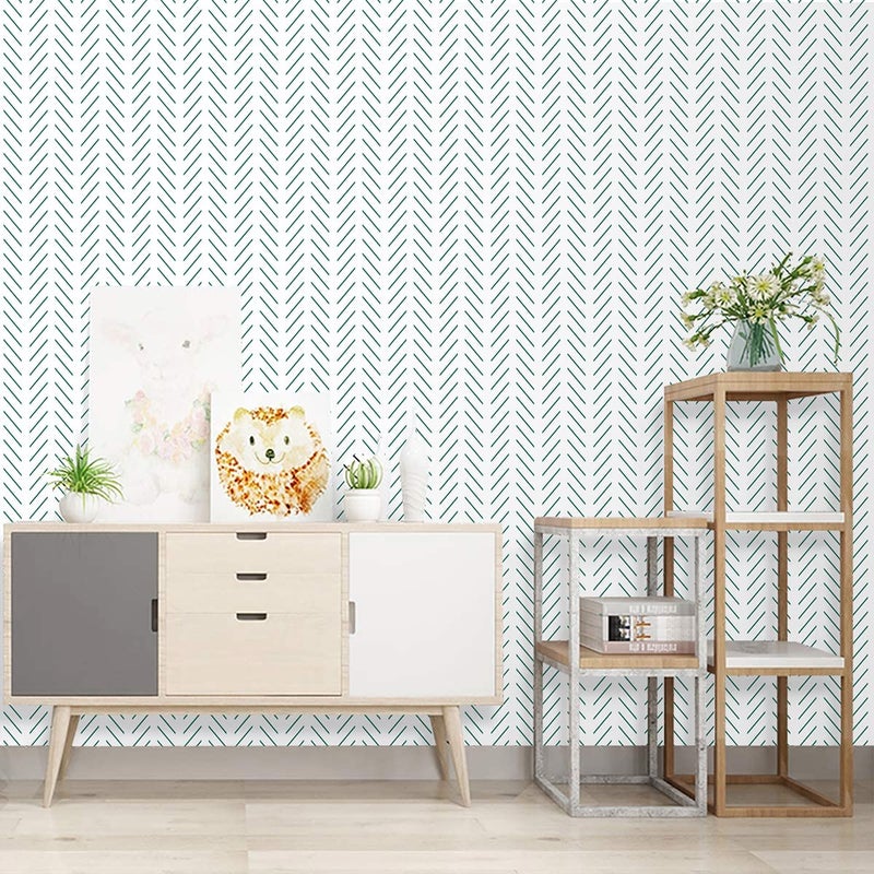 Erfoni Green and White Peel and Stick Wallpaper Herringbone Contact Paper for Bathroom 17.7inch x 118.1inch Modern Geometric Removable Wallpaper Peel and Stick Line Self Adhesive Contact Paper - Image 5