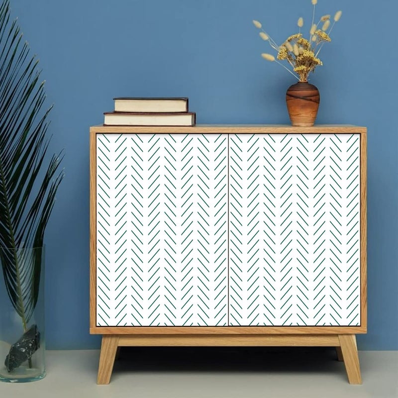 Erfoni Green and White Peel and Stick Wallpaper Herringbone Contact Paper for Bathroom 17.7inch x 118.1inch Modern Geometric Removable Wallpaper Peel and Stick Line Self Adhesive Contact Paper - Image 3