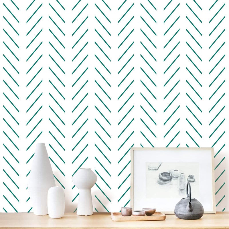 Erfoni Green and White Peel and Stick Wallpaper Herringbone Contact Paper for Bathroom 17.7inch x 118.1inch Modern Geometric Removable Wallpaper Peel and Stick Line Self Adhesive Contact Paper - Image 1