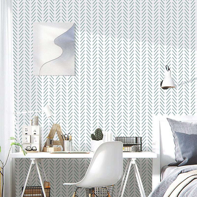 Erfoni Green and White Peel and Stick Wallpaper Herringbone Contact Paper for Bathroom 17.7inch x 118.1inch Modern Geometric Removable Wallpaper Peel and Stick Line Self Adhesive Contact Paper - Image 2