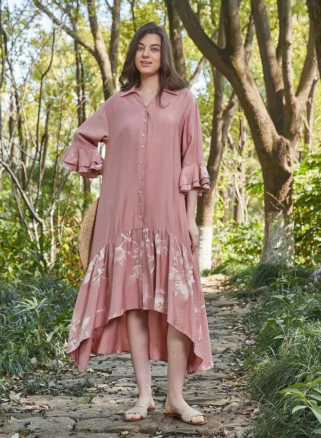 Take Two Take Two Pink Floral Print Shirt Maxi Dress