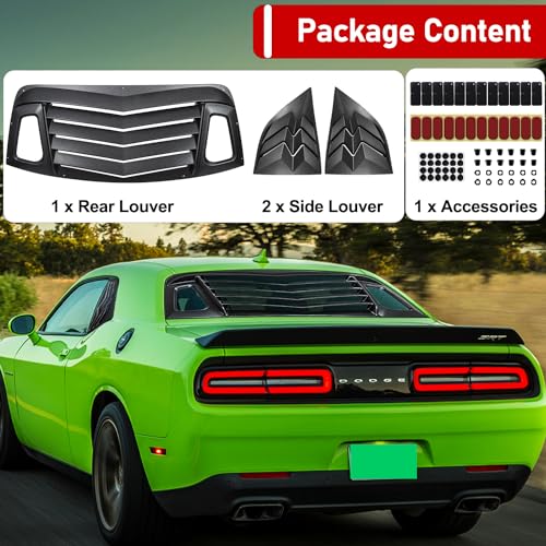 Camoo 3pcs Rear+Side Window Louver ABS Windshield Sun Shade Cover for Dodge Challenger 2008-2022 2023 in GT Lambo Style Matte Black - Image 3