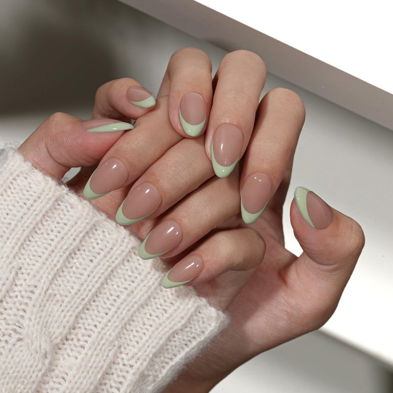 KQueenest Mint Green French Tip Press On Nails Short Almond, 30 Pcs Acrylic Press On Nails With Glue, Glossy Soft Gel Short Fake Nails Press ons, Reusable Natural Nude Glue on Nails for Women Summer - Image 1