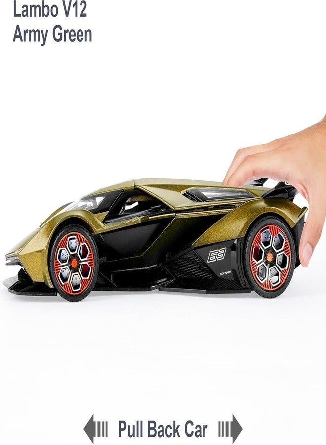 TONIRY Scale Exclusive Alloy Metal Pull Back Die-cast Car Model with Sound Light Mini Auto Toy for Kids Metal Model Toy Car with Sound and Light (1:22 Scale Lamborghini RANBO V12GT-GREEN) - Image 4