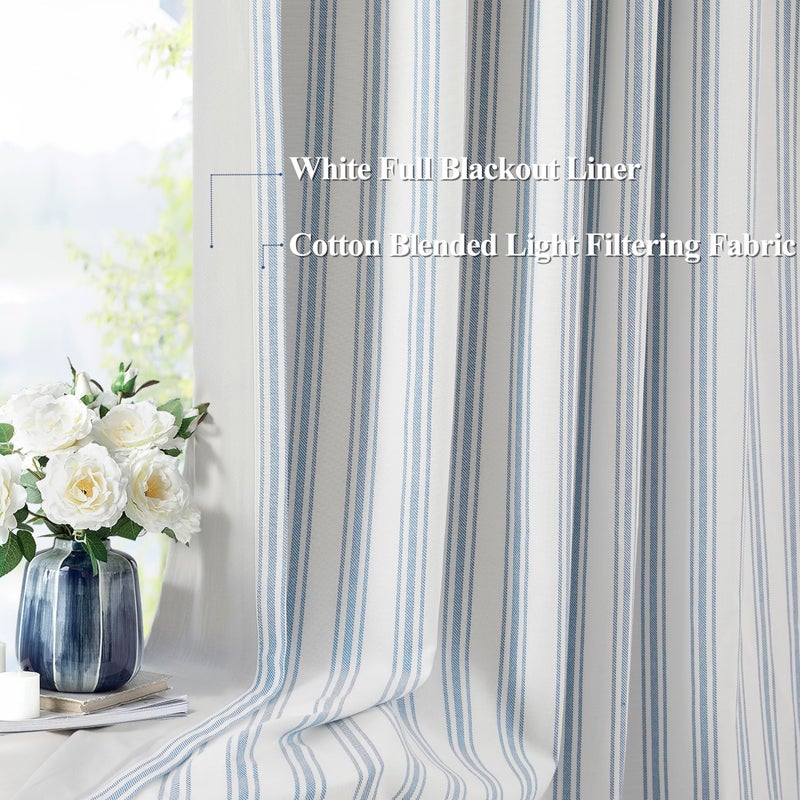 ZJDECOR Striped Full Blackout Curtains 95 Inches Long for Bedroom,Blue Stripe on White Cotton Blended Light Filteirng with Darkening Liner,Back Tab Rod Pocket Window Treatment,55" Wx95 L(Pack of 2) - Image 2