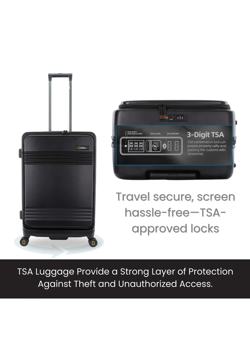 NATIONAL GEOGRAPHIC National Geographic Lodge Check-In Large Travel Suitcase, 100% PC Durable Lightweight Hard Shell Expandable Luggage, 4 Double Wheel, TSA Lock Trolley Bag Black (71 cm/24 Inch).