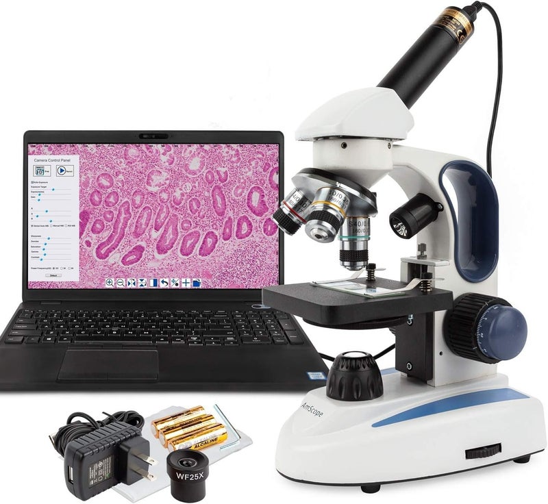 AmScope AmScope M158C2LE2 Compound Monocular Microscope WF10x and WF25x Eyepieces 40x1000x Magnification Upper and Lower LED Illumination Brightfield SingleLens Condenser Coaxial Coarse and Fine Focus Plain Stage 110V Includes 2MP Camera and Software  - Image 1