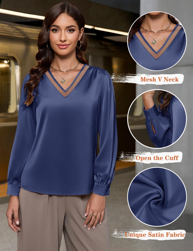 Blooming Jelly Womens Silk Business Dressy Casual Blouses Satin Ladies Lace V Neck Winter Tops Long Sleeve Fall Pleated T Shirts (L, Navy Blue) - Image 4