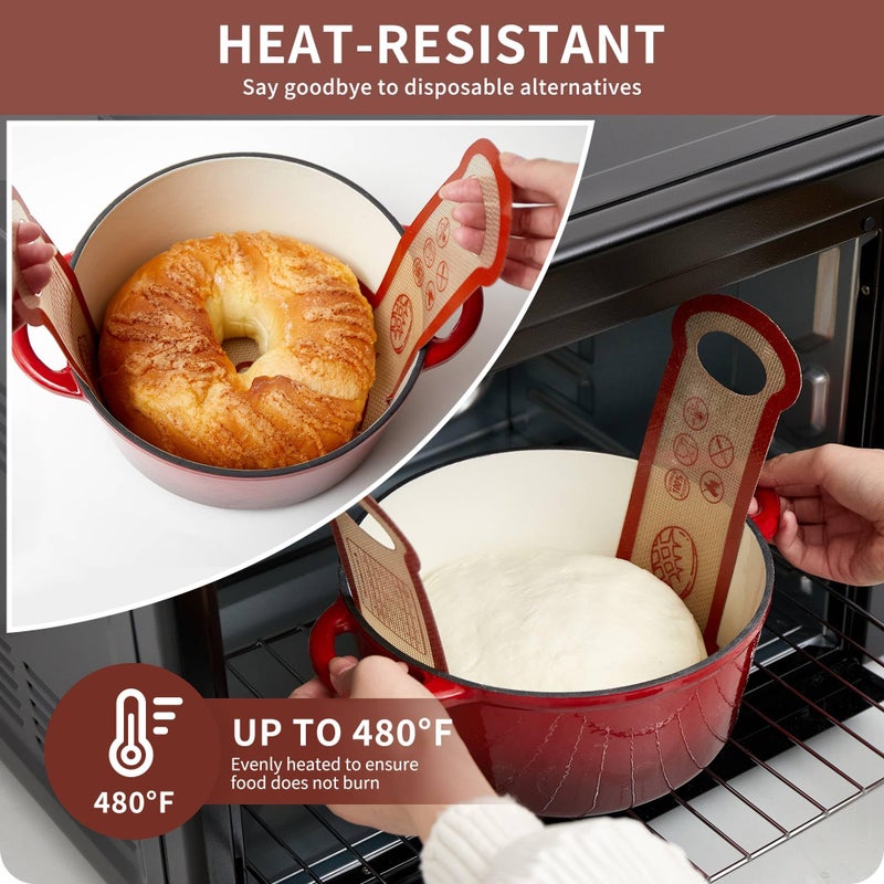 Quellance Silicone Sourdough Bread Sling Mat - 2Set Round Dough Baking Slings For Dutch Oven, NonStick High Degree Kitchen Sourbread Making Loaf Pan Lifter Liner, Reusable Cooking Transfer Mats with Long Handle - Image 3