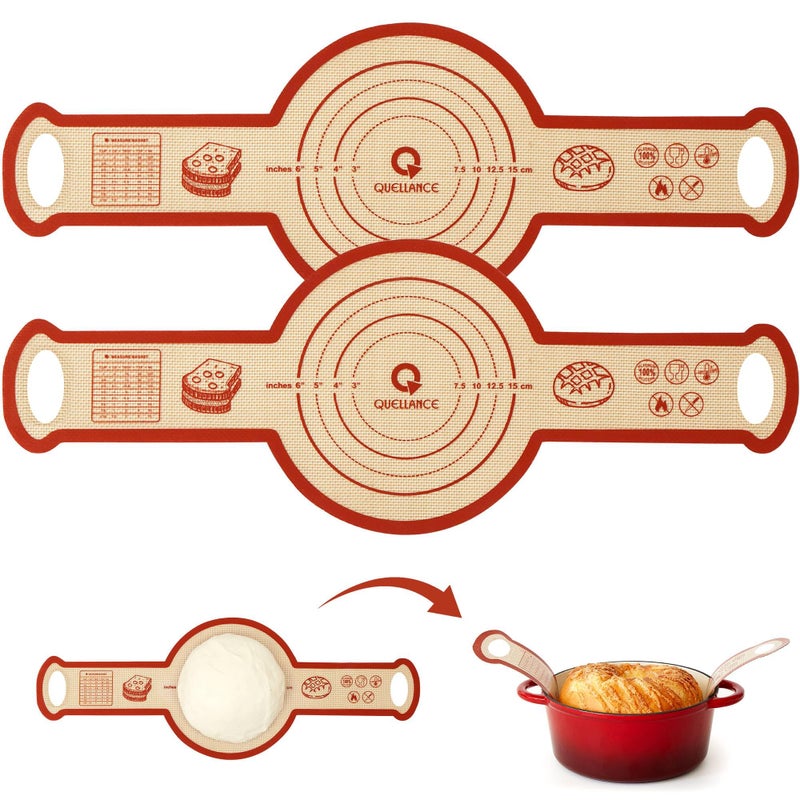 Quellance Silicone Sourdough Bread Sling Mat - 2Set Round Dough Baking Slings For Dutch Oven, NonStick High Degree Kitchen Sourbread Making Loaf Pan Lifter Liner, Reusable Cooking Transfer Mats with Long Handle - Image 1