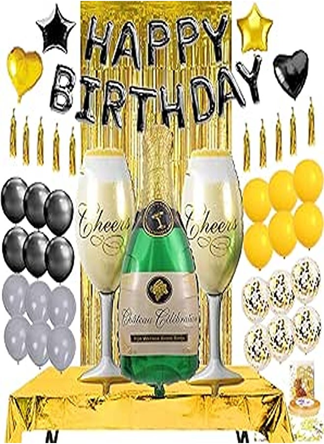 Black Gold Birthday Party Decorations, Black Happy Birthday Banner, Paper Tassel Giant Champagne Foil Balloon Gecoration, 30th 40th 50th 60th 70th Party Decorations 