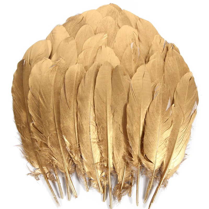 THARAHT 120pcs Gold Goose Feathers Natural Bulk 68 inch 1520cm for Crafts DIY Cosplay Wedding Party Halloween Decoration Goose Nagoire Feathers