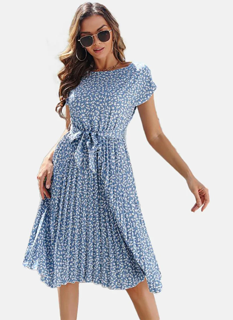 YUNIQEE Blue Flared Floral Crew Neck Short Sleeve Dress