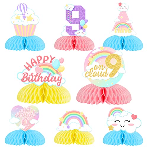 Fangleland 8Pcs Cloud 9th Birthday Table Decorations for Girls Rainbow Happy Birthday Honeycomb Centerpieces for 9 Year Old Party Colorful Cloud 9 3D Table Toppers - Image 1